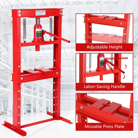 Built Like A Tank This 12 Ton Heavy Duty Hydraulic H Frame Shop Press with adjustable height table and labor-saving handle.