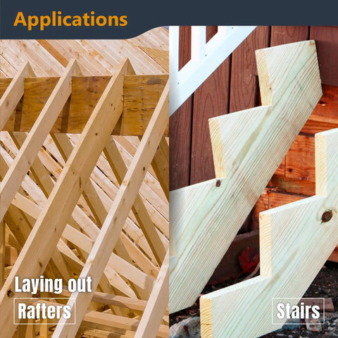Wooden rafters and stairs construction using Must Have Pro Grade 16 By 24 Steel Framing Square With Rafter Tables For Woodworking And Construction.