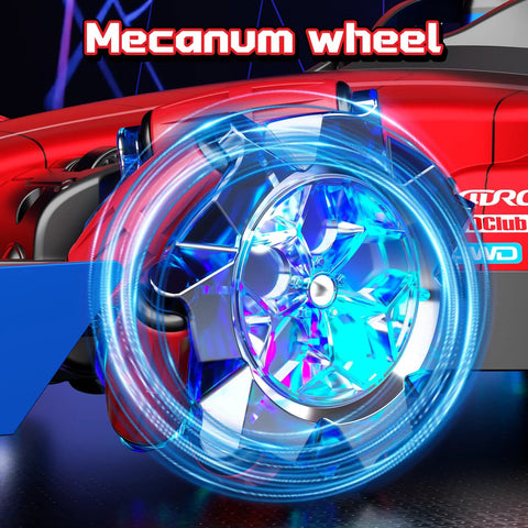 Close-up of Mecanum wheel on monster RC truck for stunts showcasing blue LED lights and high-tech design.
