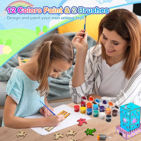 Girl painting with mother, part of 4 In 1 STEM Kit For Kids Featuring 3D Wooden Puzzles A Mini Ferris Wheel Build A Fiber Optic Lamp