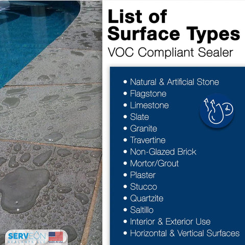 Premium Natural Stone And Patio Sealer For Concrete Slabs And Brick Walls Water Based Clear Repellent on poolside stone surface.