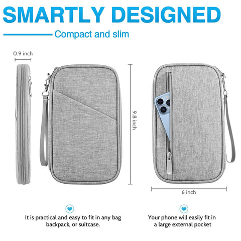 Go-To Passport Wallet With RFID Blocking, Waterproof Travel Organizer showing side and front view with phone pocket.