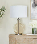 Glass Table Lamp With Drum Shade In Champagne Finish, 17 By 17 By 27 Inches, Traditional Accent Lighting For Living Room Or Bedroom, Glass Body With Iron Base For Luxe Cozy Glow on wooden table