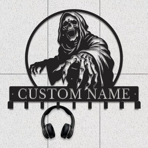 Personalized Badass Grim Reaper Key Holder With Custom Name laser cut metal skull wall mounted key rack for entryway and man cave