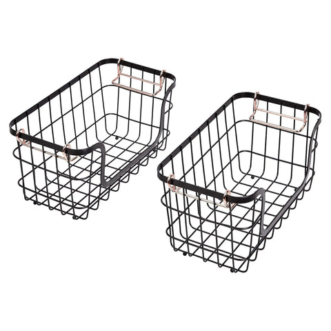 Real Deal Stackable Metal Wire Storage Baskets With Rose Gold Handles Set Of Two Black, 12.2x6.4x5.6 inches, perfect for organization.
