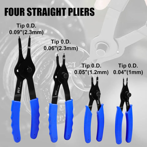 Four straight pliers from the 10 Piece Snap Ring Pliers Set Heavy Duty Circlip Removal Tool With Bent And Straight Pliers Internal And External Circlip Pliers Hook Pick Storage Case And Gloves For Auto Repair And Mechanical Work