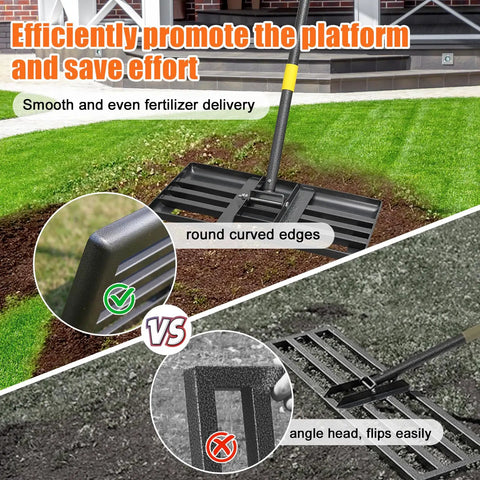 Lawn Leveling Rake With 72 Inch Adjustable Long Handle For Smoothing Soil And Lawn, shown with rugged flat head on grass