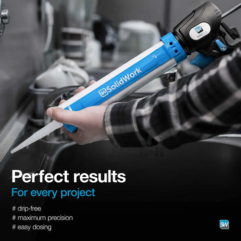 Person using Premium Hand Caulk Gun With 24 To 1 Adjustable Thrust Ratio Dripless Caulking Tool For 10 Ounce Cartridges Durable Blue