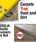 Graphic comparing carpet to Clear Vinyl Floor Protector Runner, showing dust trap with text highlights.