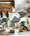 Collage showing No Slip Rug Gripper Discs 12 Pack Double Sided Reusable Rug Tape in various home settings.