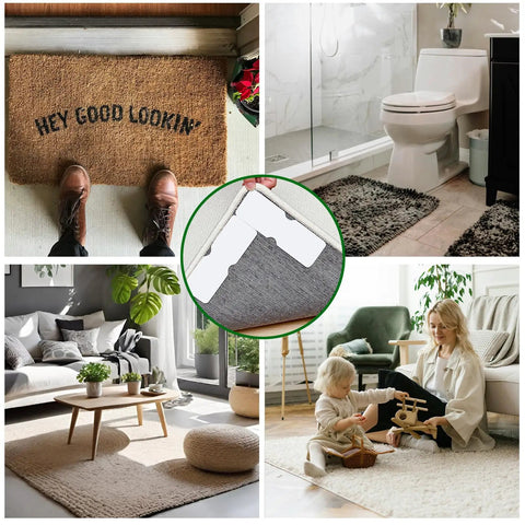 Collage showing No Slip Rug Gripper Discs 12 Pack Double Sided Reusable Rug Tape in various home settings.
