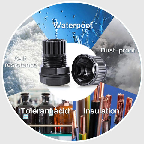10 Pack 1/4 Inch IP68 Nylon Cord Grip Strain Relief Cable Gland Set Heavy Duty Adjustable NPT Fittings For Outdoor Electronics Waterproof Sealed UL Listed RoHS Compliant Black shown with waterproof, dust-proof, salt resistance, acid tolerance, insulation features.