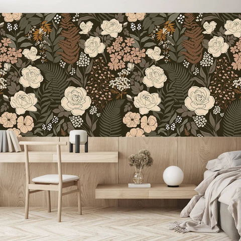 Peel And Stick Floral Wallpaper Removable Mural With Vintage Rose Leaf Pattern in black, brown, and beige in a modern living room.