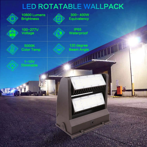 80W LED Wall Pack Light With 10800 Lumens, 5000K Cool White, Rotatable Head, IP65 Outdoor Security Flood Light in dark bronze housing