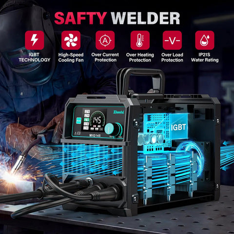 145 Amp 4 In 1 MIG Welder Dual Voltage displayed with protective helmet and cooling fan