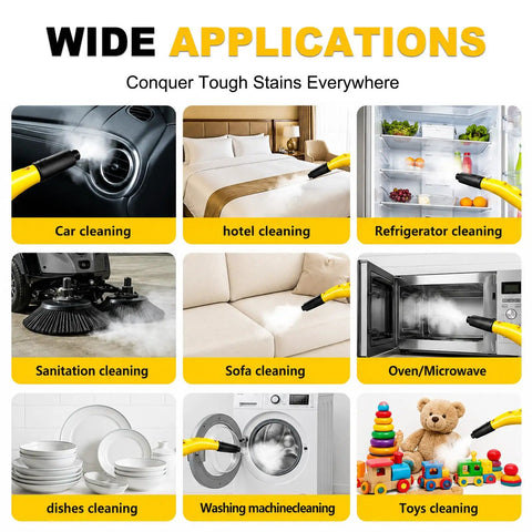 Get Your Place Sparkling With This Badass 3000w High Pressure Steam Cleaner. Featuring A Massive 3.5 Liter Tank For Mega Steam Power Up To 110 Degrees C And Super Fast Heating. Perfect For Scrubbing Tough Grime In Kitchens, Bathrooms, And Industrial. Wide applications shown including car, hotel, and sofa cleaning.