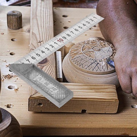 Pro Grade Stainless Steel L Square Measuring Tool for Carpenters and Machinists, 90 Degree Right Angle Ruler in use during woodworking