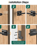 Installation steps for Tough As Nails Double Sided Gate Latch For Left Inswing Wooden Fences, showing drill and latch alignment.