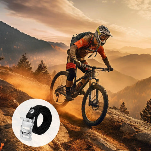 Mountain biker riding downhill with 4 Pack Universal Bike Pedal Straps Set For Bicycles And Spin Bikes Adjustable Foot Straps inset