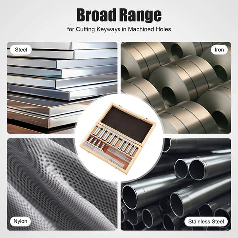 Complete Pro Grade 22 Piece Keyway Broach Kit With 4mm B1 5mm B1 6mm C 8mm C Broaches 5 Shims 13 Bushings in box with steel, iron, nylon, stainless materials