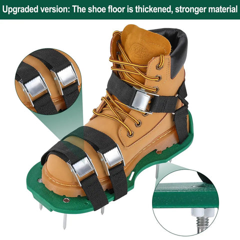 Lawn Aerator Shoes With 26 Spikes For Easy Yard Aeration And Deep Soil Breathing, brown boot with green base and secure straps.