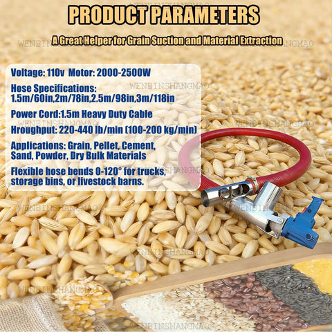 Powerhouse 2000W Industrial Electric Screw Conveyor With Stand And Flexible Hose Grain Auger And Powder Transfer Pump, specs overlay