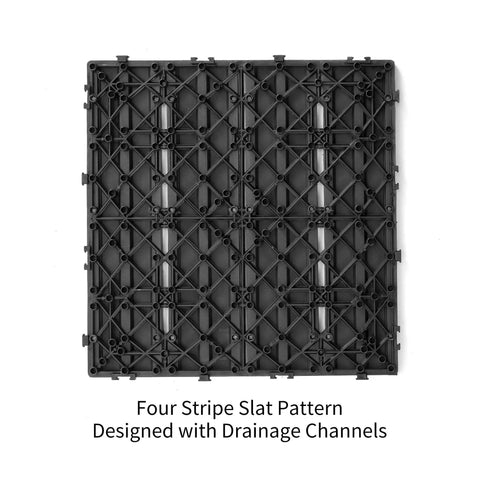 Underside view of Interlocking 12x12 Wood Plastic Composite Patio Deck Tiles showing drainage channels and slat pattern design.