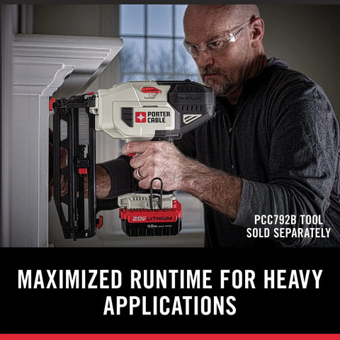 Heavy Duty 20V Max Lithium Ion Battery 4 0 Ah Two Pack For Hardworking Jobsite Teams With Non Stop Run Time Zero Memory Loss And Plug And Chug Simplicity On Your Daily Grind Setup used with nail gun by a worker.