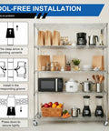 5 Tier Metal Shelving Unit With Wheels And Liners Beefy Heavy Duty Storage Rack assembled with kitchen items displayed