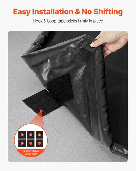 Close-up of Heavy Duty Containment Mat For Garage Floor 7 Ft 9 In By 18 Ft Non Slip PVC Waterproof Floor Protector showing hook and loop tape for easy installation.