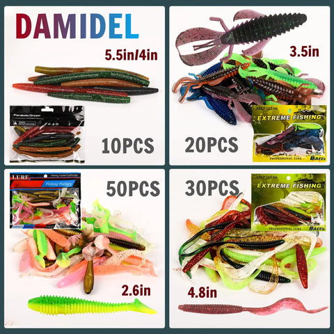 600 Piece Tackle Box Fishing Kit With Hooks Sinkers Swivels Snaps Topwater Lures Spoons Soft Plastics Jig Heads Frogs Minnows And More Gear For Saltwater And Freshwater Bass Fishing with various packs of soft plastic lures and size labels.