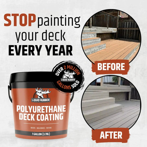 10x Tougher Deck Coating That Will Not Peel Or Crack Flexible Urethane Sealant For Wood Concrete And Plywood Textured Saddle Brown Finish Waterproof And Stain Resistant 1 Gallon showcased with before and after deck images.