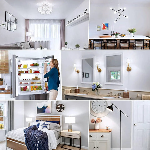 Modern home interiors collage featuring a dining room, living room, bedroom, and a person using a fridge.