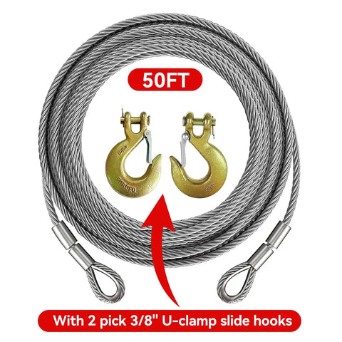 Beefy Heavy Duty Tow Cable With 2 Pick Thimble Eyes, 3/8 Inch 7x19 Steel Cable, 50 Feet, shown with hooks and aluminum collars