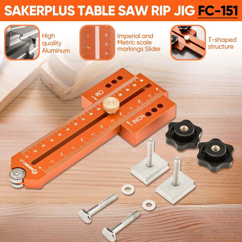 Thin Rip Jig for table saw, orange aluminum guide with ruler scale and mounting hardware
