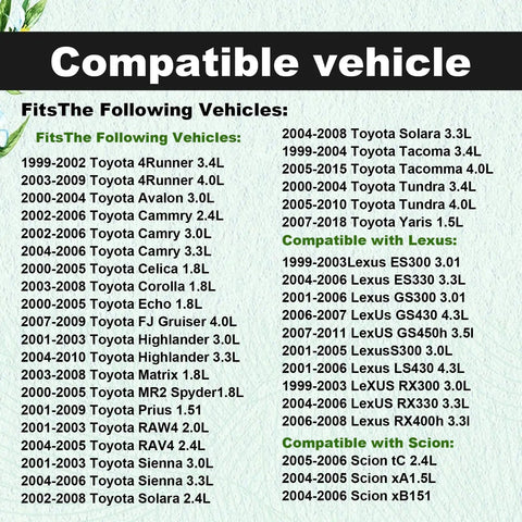 Compatibility chart listing vehicles compatible with Toyota 22204-21010 Mass Air Flow Sensor for Camry 2002-2006, Corolla 2003-2008, and others