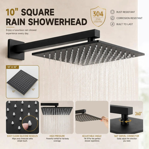 Top Shelf Heavy Duty All Metal Shower System With Tub Spout And Matte Black Finish Featuring Rock Solid 10 Inch Rain Head showing high-pressure shower head with 360° swivel.