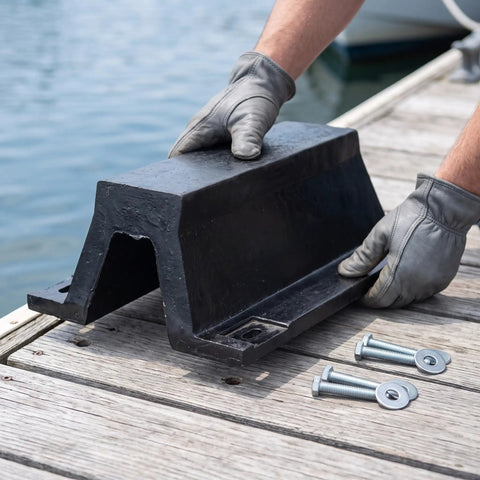 Hands installing Rubber Dock Arch For Permanent Boat Protection With Secure Install Sleek Design And Heavy Duty Vessel Impact Guard