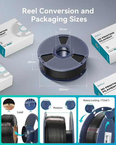 Sunlu PETG filament spool, 1.75 mm, black, 1 kg for FDM 3D printers, with Sunlu packaging boxes.