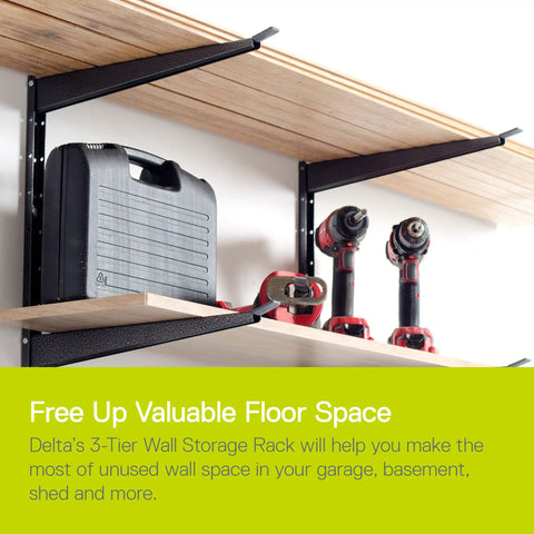 Heavy Duty Wood And Lumber Wall Storage Rack With 480 Lb Capacity Steel Mounted Three Tier Shelf For Garage Basement Outdoor Use Free Floor Space Easy Install Indoor And Outdoor Storage Solution with tools and toolbox.