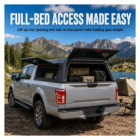Lockable Truck Bed Cap For Dodge Ram 1500 2020 To 2026 With 6.4 Foot Bed shown with wide open lift doors for easy access.