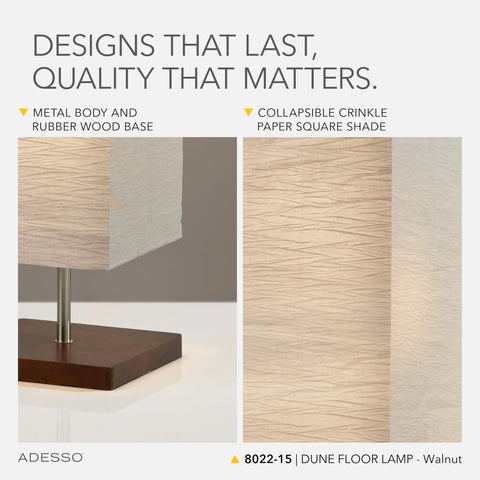 Image of metal body lamp with rubber wood base and collapsible crinkle paper square shade, highlighting quality design.