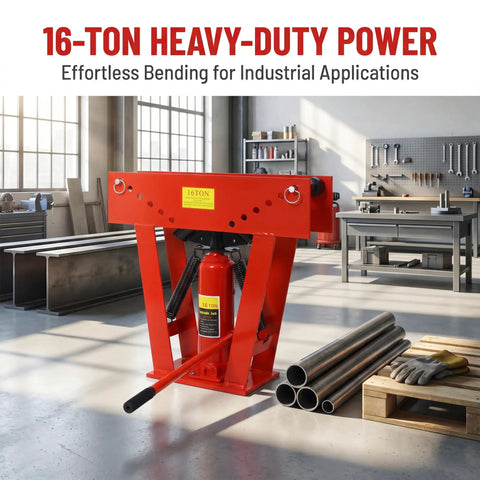 Heavy Duty 16 Ton Manual Hydraulic Pipe Bender With Eight Dies in red, adjustable rollers, automotive exhaust fabrication use