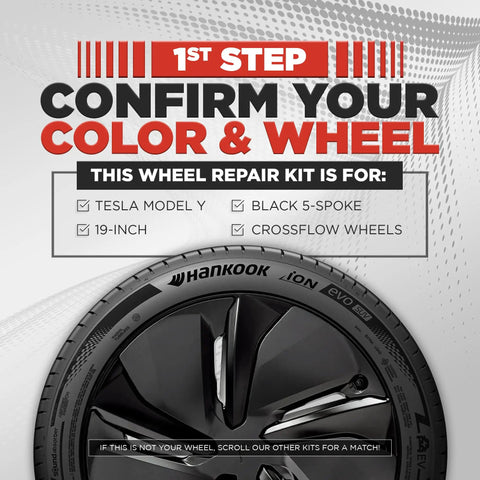 Tesla Model 3 Wheel Curb Rash And Scratch Repair Kit With Color Matched Touch Up Paint For Gray Warp Rims, 19-inch black 5-spoke wheel image.