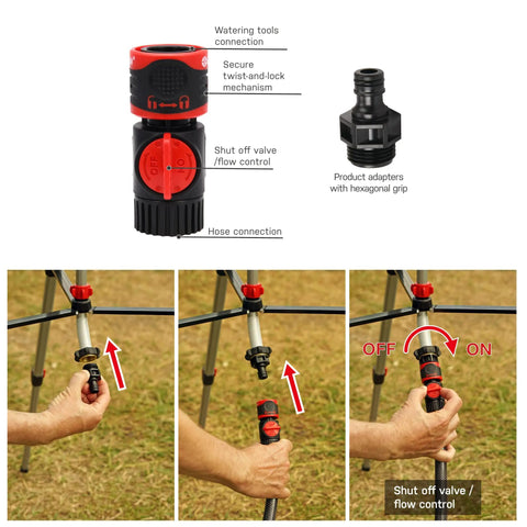 Diagram and installation steps of Quick Connect Starter Kit for Heavy Duty Telescoping Tripod Sprinkler With Turbo Gear Drive.