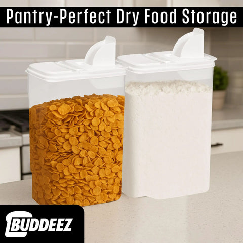 Hassle Free Eight Quart Clear Food Storage Bin With Slick Pour Spout And Grippy Handle For Everyday Pantry Essentials filled with cereal and flour.