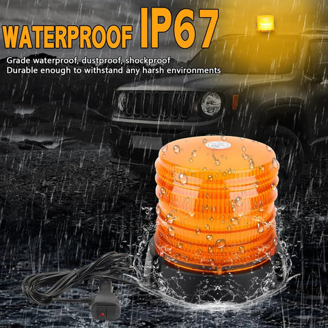 Heavy Duty 60 Led Amber Magnetic Strobe Light Featuring Hella Bright Illumination And Waterproof Build For Pickup Trucks Forklifts And Utility Gear in the rain with water droplets.