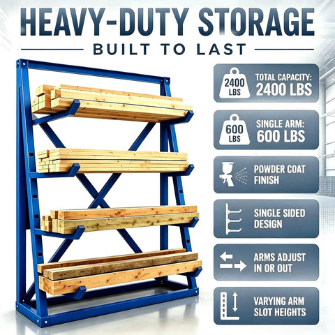 Beast Mode Cantilever Storage Rack Four Tier Steel Frame Supports Two Thousand Four Hundred Pounds For Lumber Pipes Metal Sheets And Garage Workshop Setup with wooden planks.
