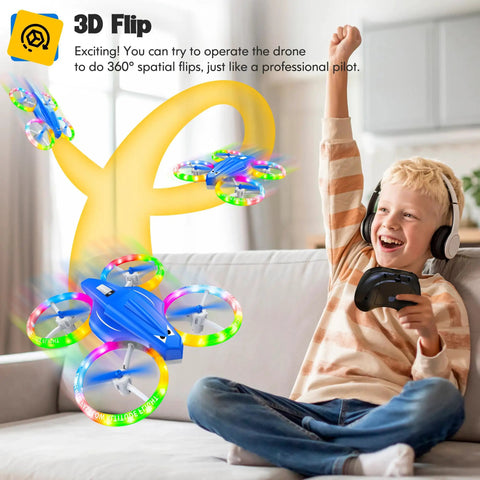 Child playing with Kids Drone With Cool LED Lights And Easy Fly Controls One Click Takeoff And Landing Headless Mode Altitude Hold 3D Flip Self Rotation 3 Speed Modes Indoor Mini Drone Great For Christmas Beginners