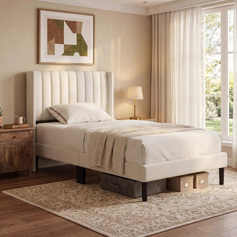 Modern Twin Bed Frame With Padded Wing Headboard And High Density Foam Upholstery Solid Wood Base Built Like A Tank Hella Comfy Zero Sag Bedroom Furniture Room Ready Design in a softly lit bedroom.